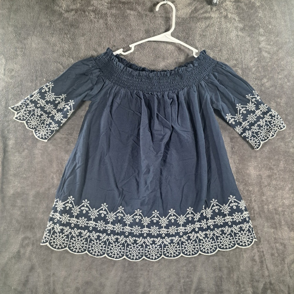 ABERCROMBIE & FITCH Off The Shoulder Navy Embroidery Medium Smocked Top Coquette